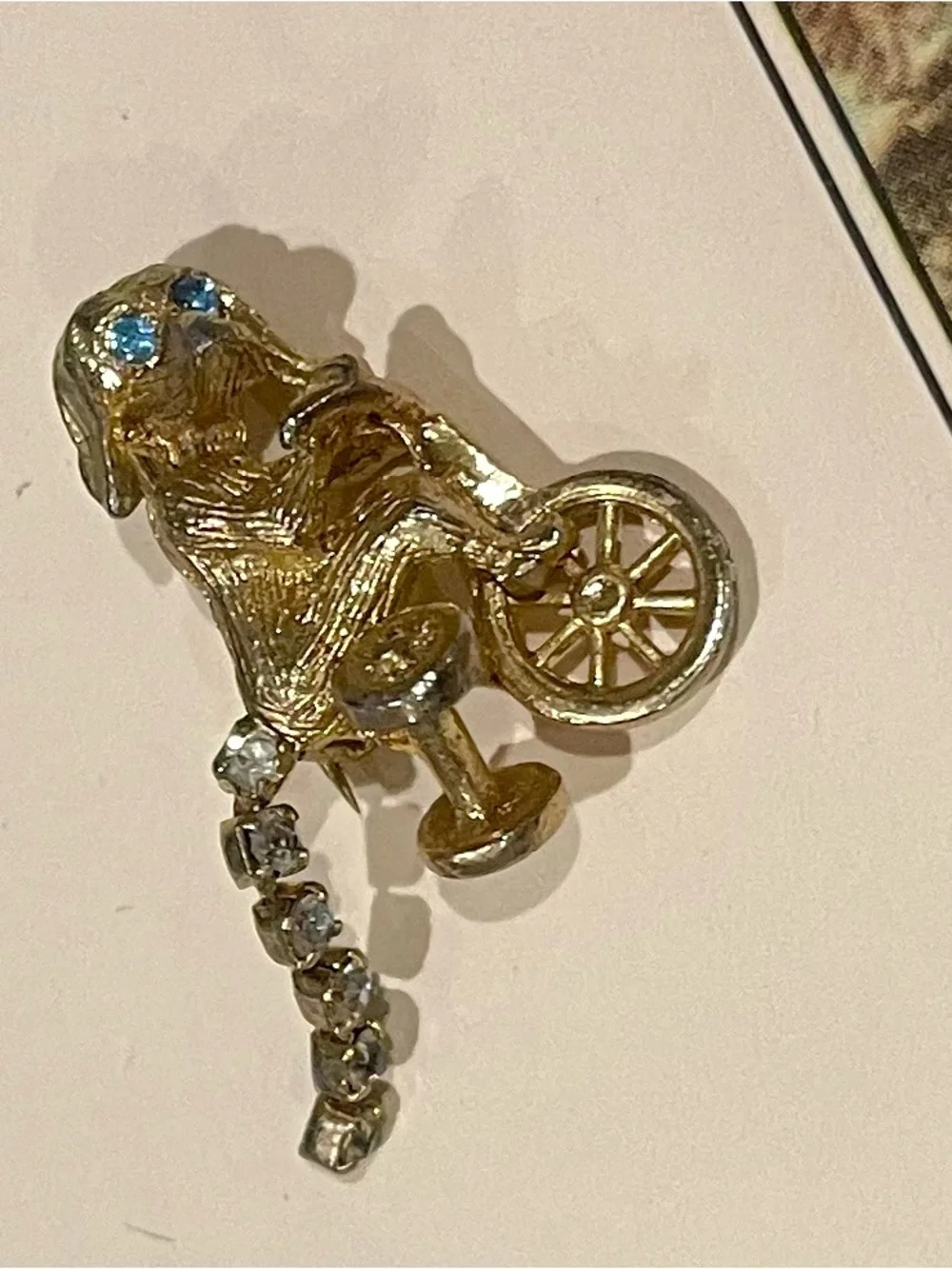 Frank Gargano Rare Puppy on Tricycle Brooch w/ Blue Topaz Eyes & Rhinestone Tail